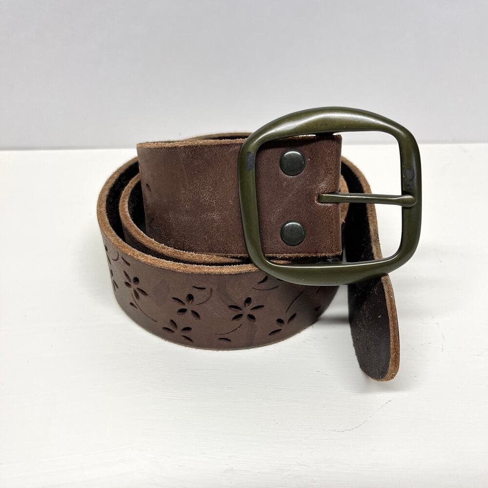 Pierced Floral Brown Italian Leather Belt Size Large